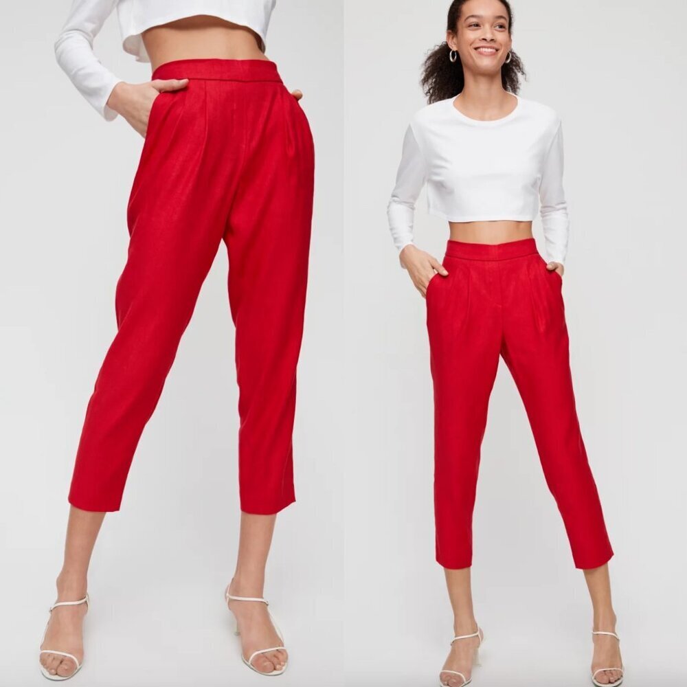 Aritzia Babaton Red Cohen Linen Dress Pants Cropped High-Rise Straight Leg, Sz 4